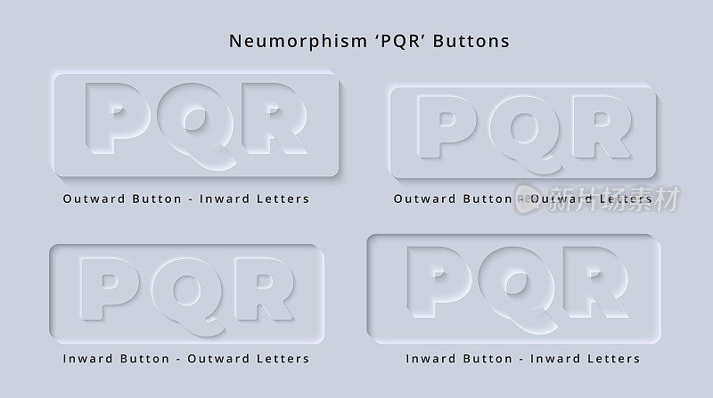 Letter P Q R in Clean and Modern Skeuomorphism or Neumorphism 3D Indent Style for Web App Button or Font Typescript